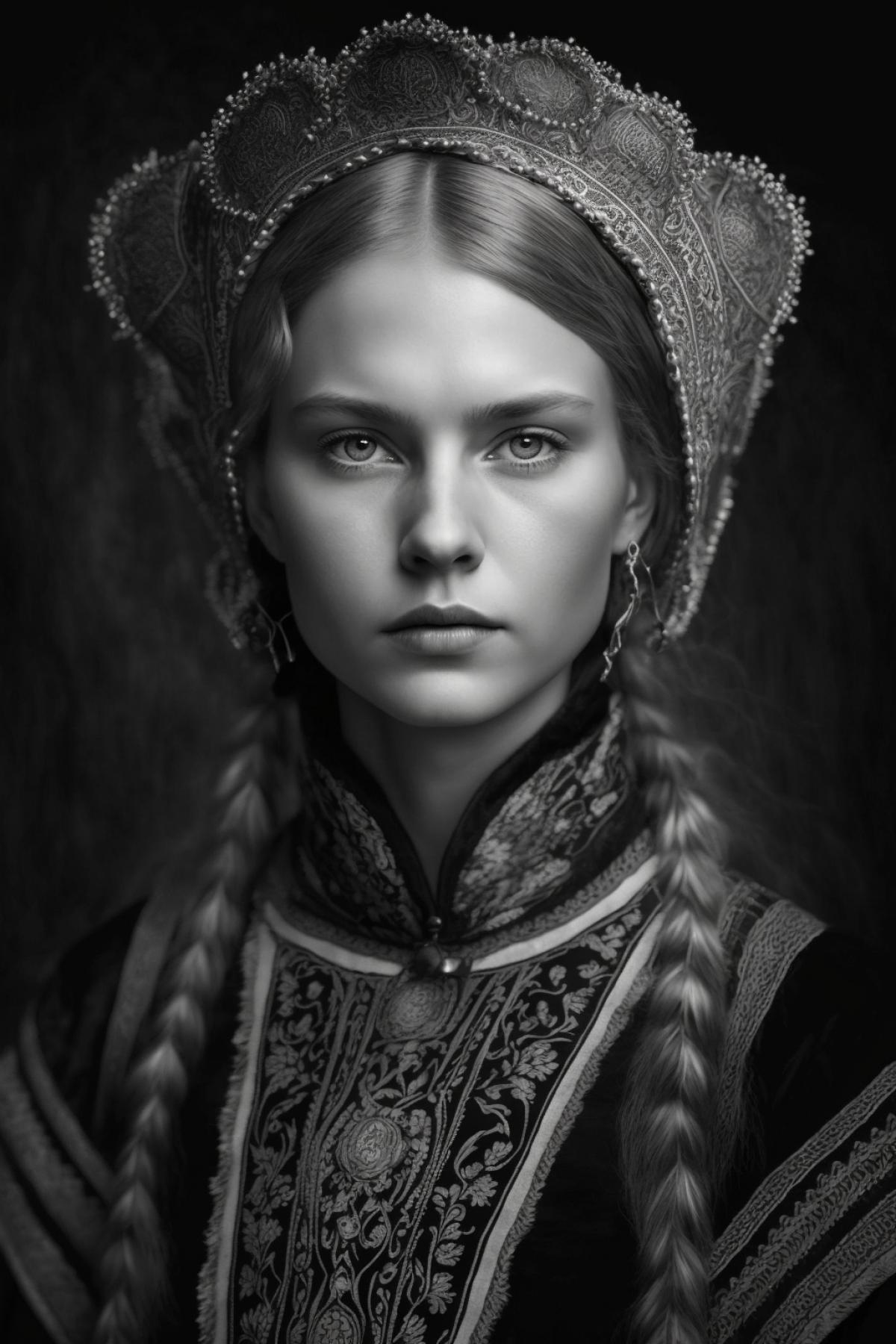Extraordinary portrait of A young girl of 20 years old from a Russian epic in a kokoshnik and a slack of clothes in noir style, ultra strong mystical eyes, professional photography, 8k, beauty