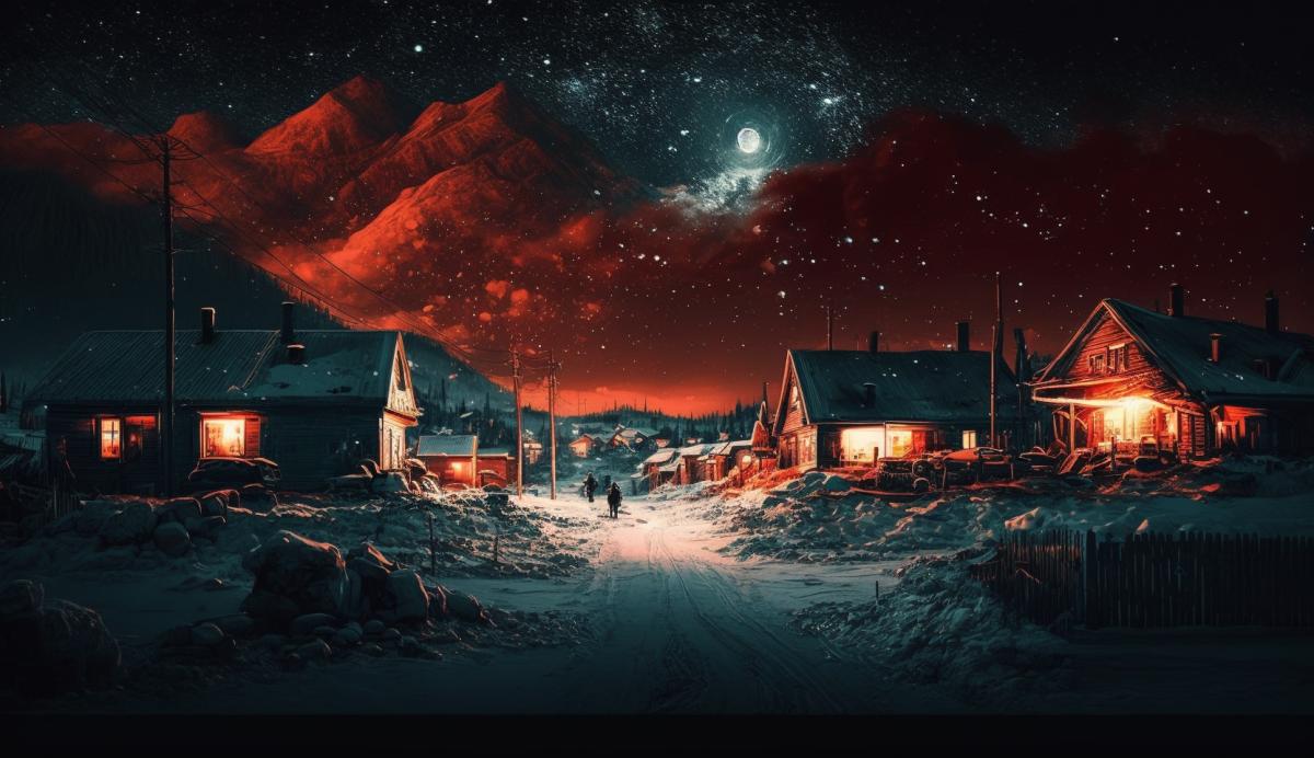 dark monotone Russian epic village like Sin City, at Night time with bright lights and a starry sky, sky rises, lights, colorful, hacker vibe, Hackers paradise, Noir style, red accents