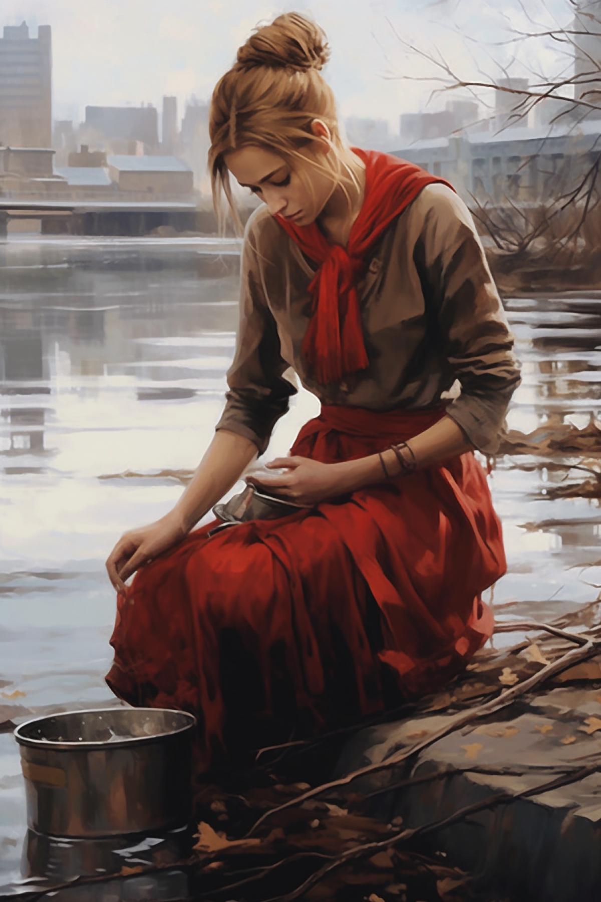 A modest girl Nastenka with a light brown braid, in a red scarf, a simple Russian peoples slack of clothes, draws water with a bucket on the river bank, sin city style, gloomy style