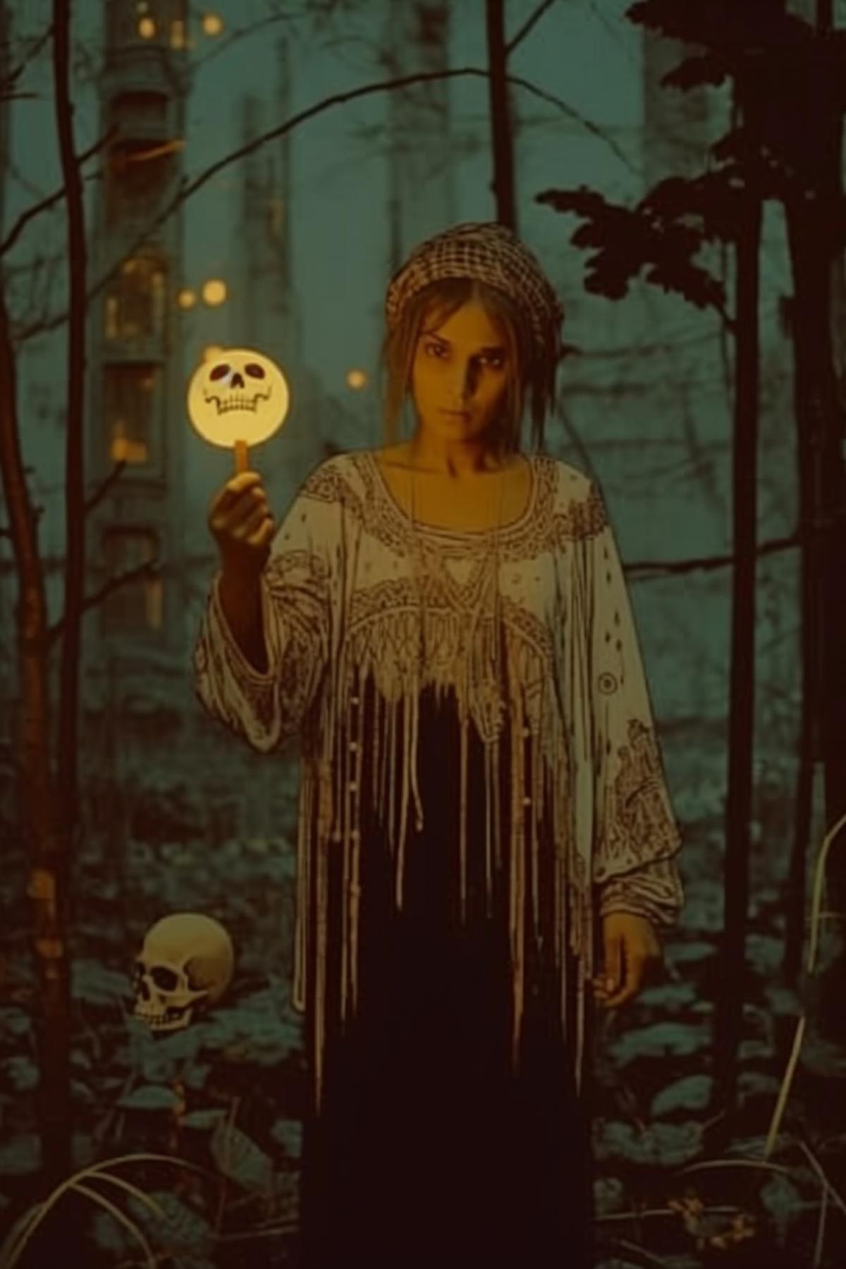 The girl holds a stick in her hand, a skull with luminous eyes is put on the stick. Style Sin city, gloomy style