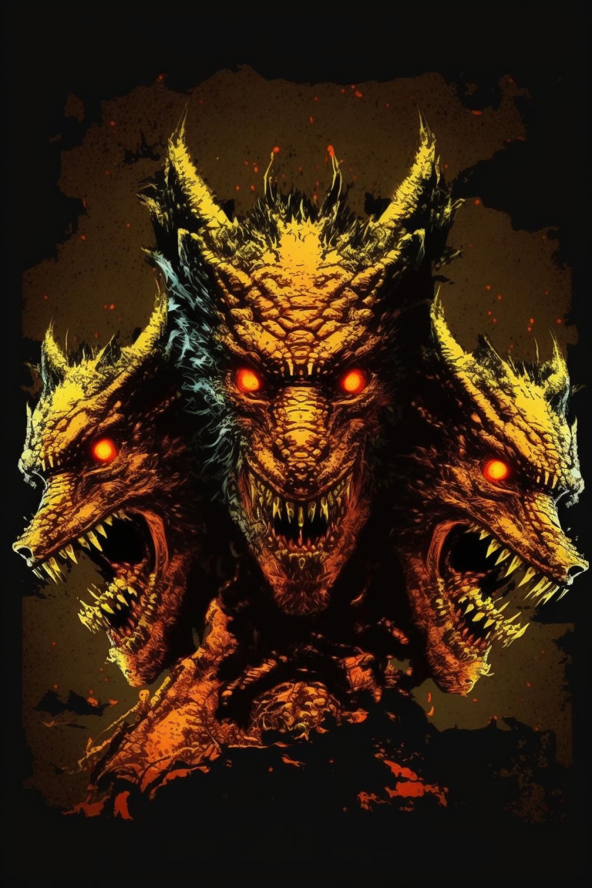 a dragon with three heads and in the style of a comic book by Frank Miller