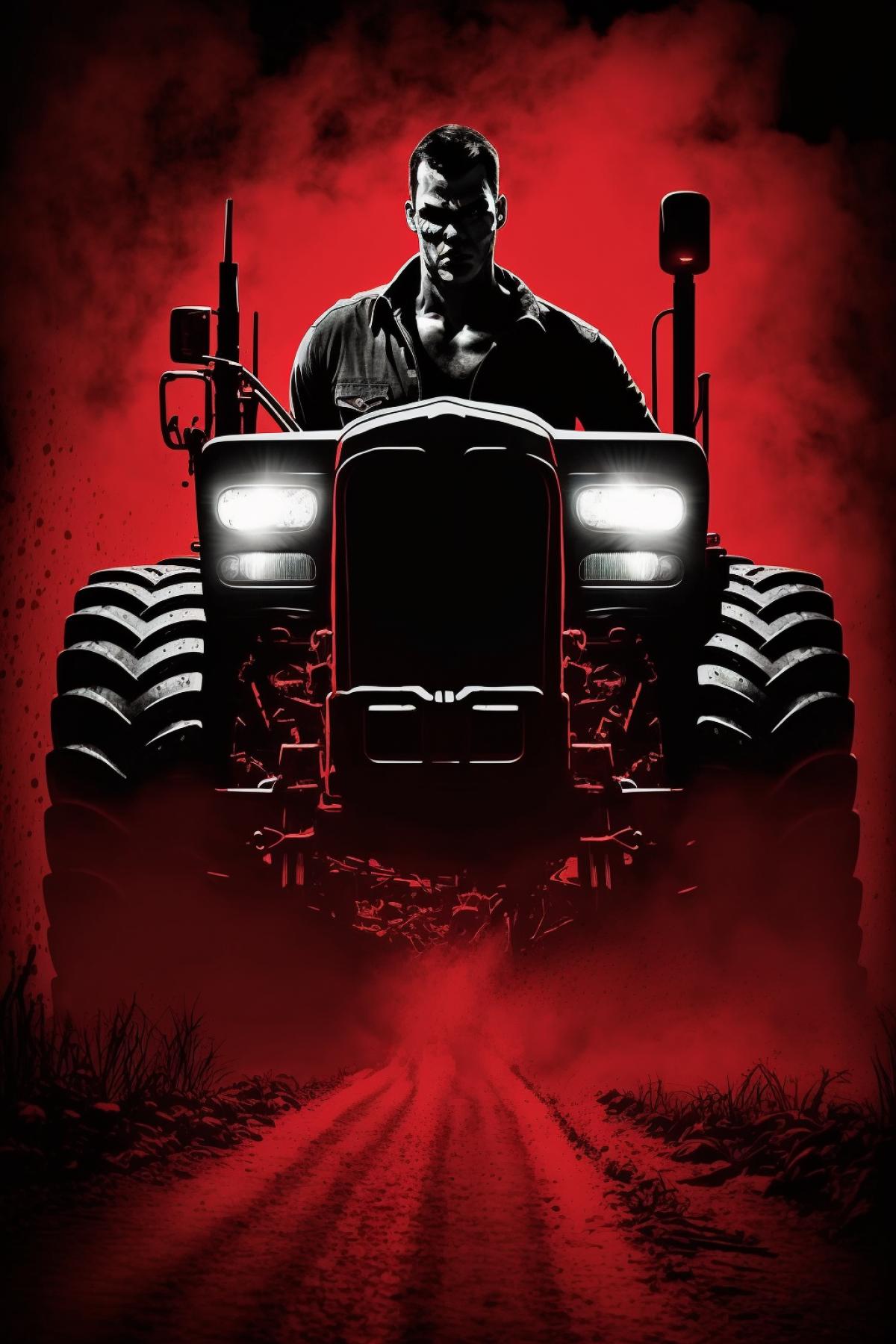 A man is riding a tractor. dark and red. Photo made in the style of the movie Sin City