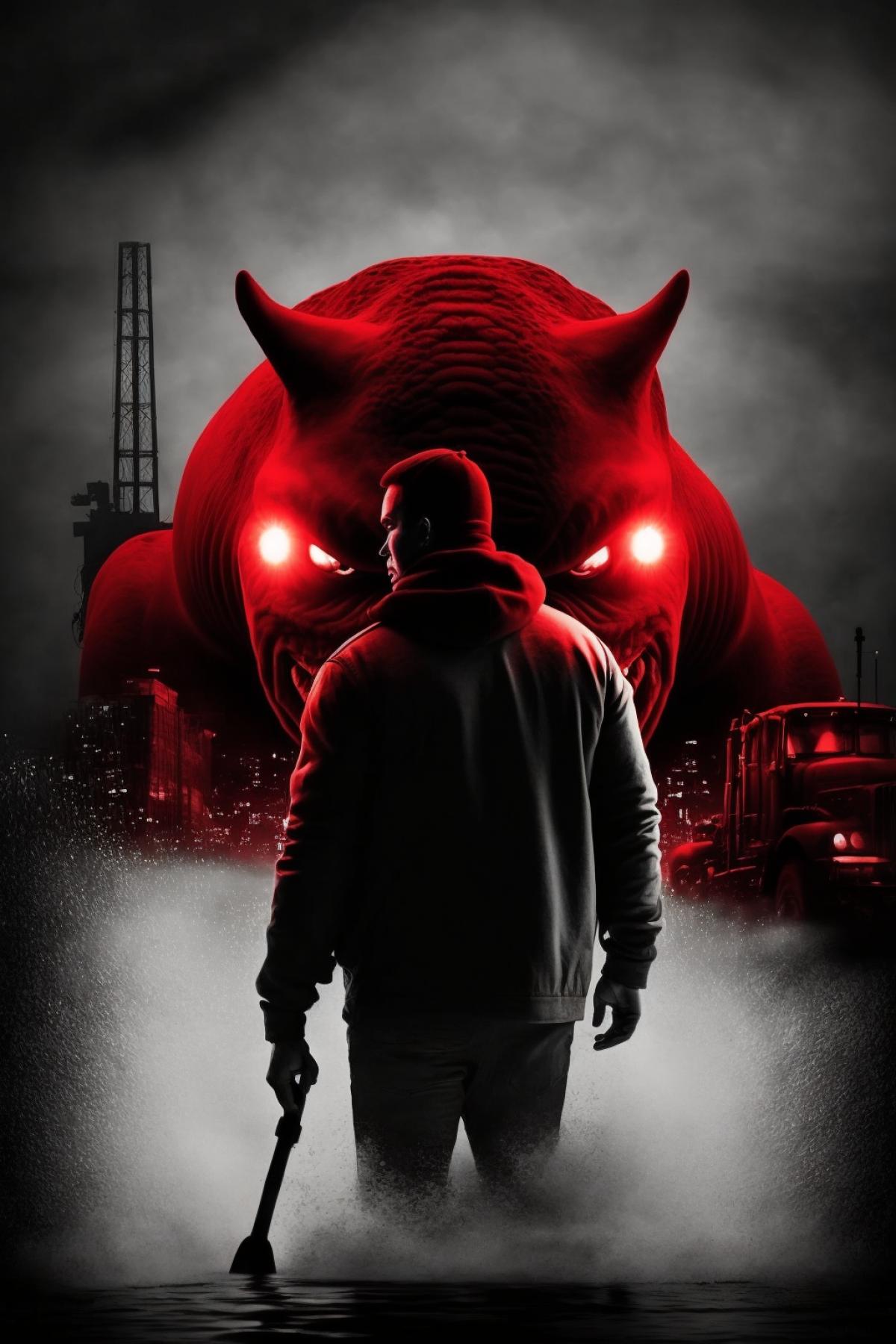 The man caught a big fish. dark and red. Photo made in the style of the movie Sin City