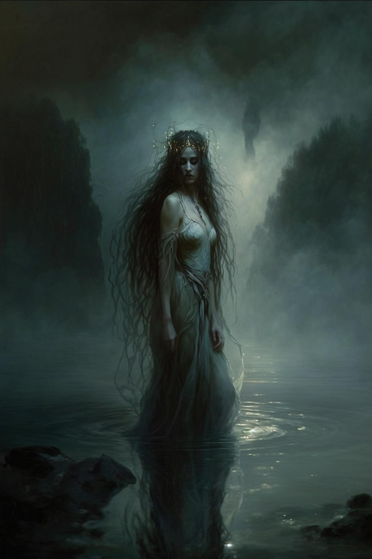 The beautiful and enchanting Rusalka emerging from a misty lake during the twilight hours. Descriptive keywords: Enigmatic, ethereal, luxury, melancholic, watery., Noir style