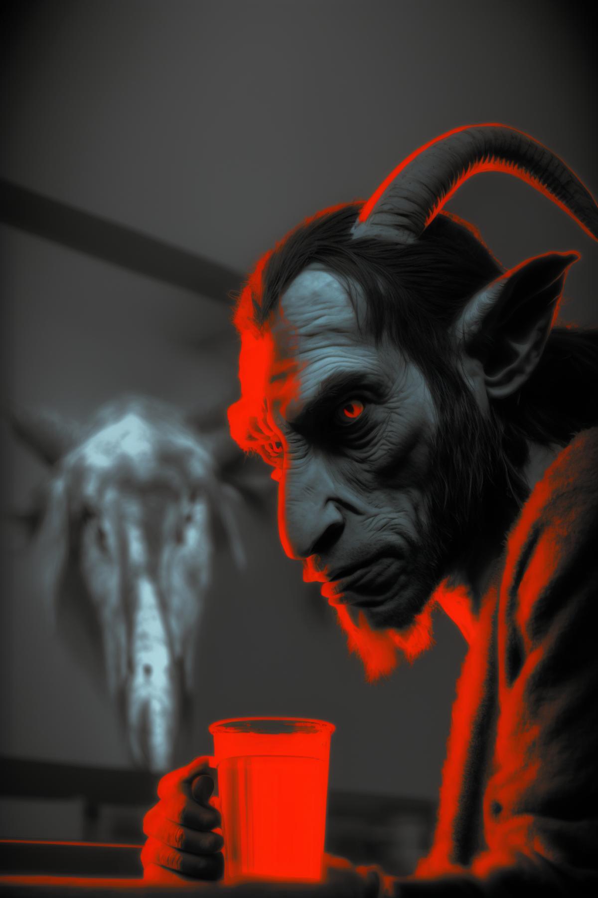 Sad young humanoid goat drinks in a bar. Holds a glass in his hand. Drinking from the throat. dark and red. Photo made in the style of the movie Sin City