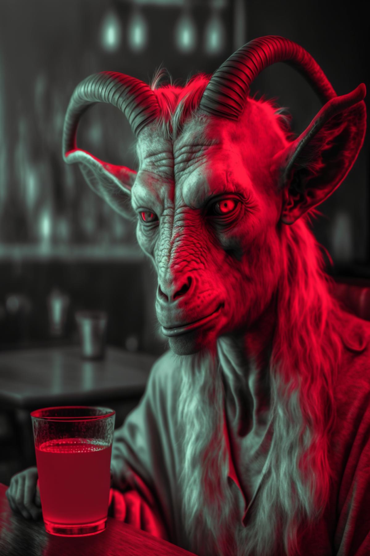Sad young humanoid goat drinks in a bar. Holds a glass in his hand. Drinking from the throat. dark and red. Photo made in the style of the movie Sin City