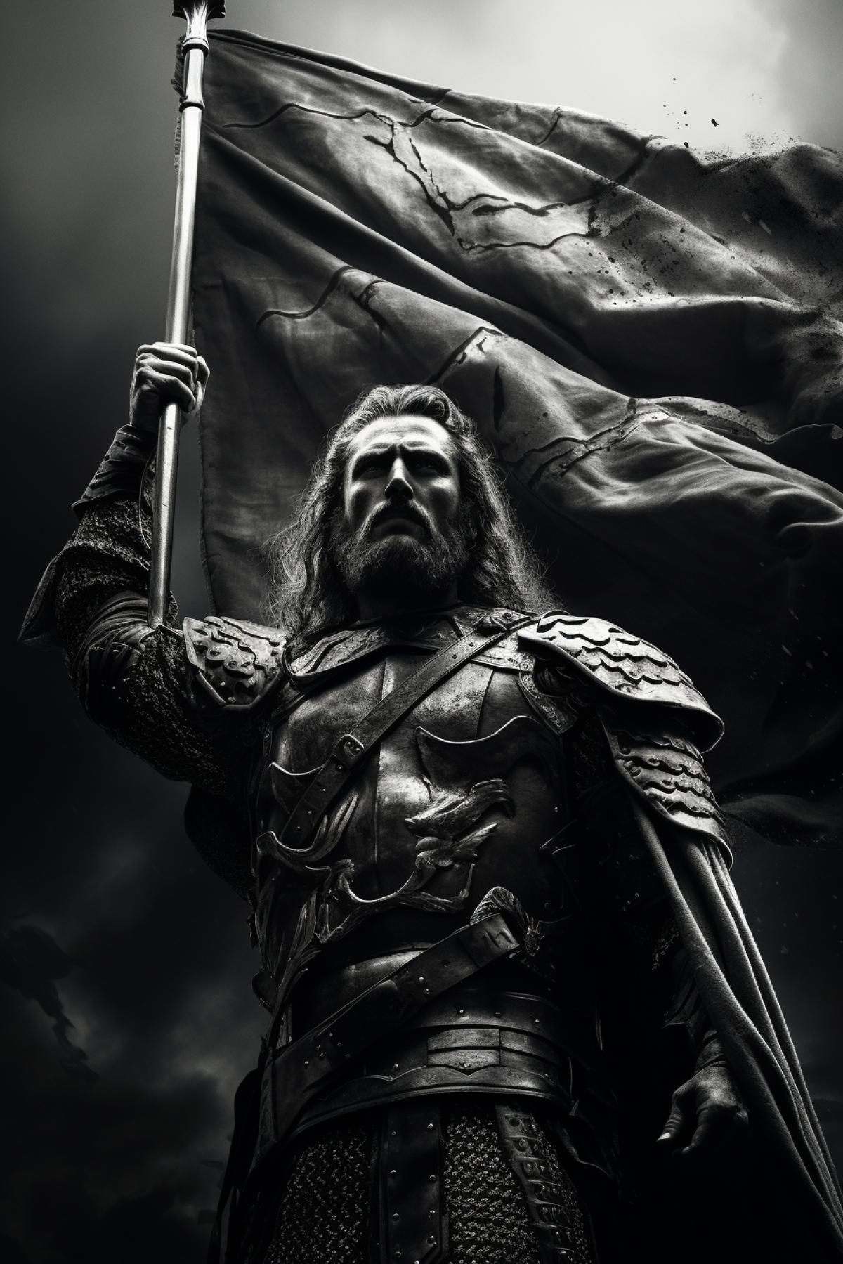In full growth, a powerful Slavic hero in his brilliant armor rises in front of you. In his hand is a banner held high, symbolizing his greatness and leadership in the battle. A scene unfolds around him with anticipation and the excitement of battle. dark and white film and high contrast give the image the effect of a vintage military photograph, emphasizing the grandeur and power of this moment.