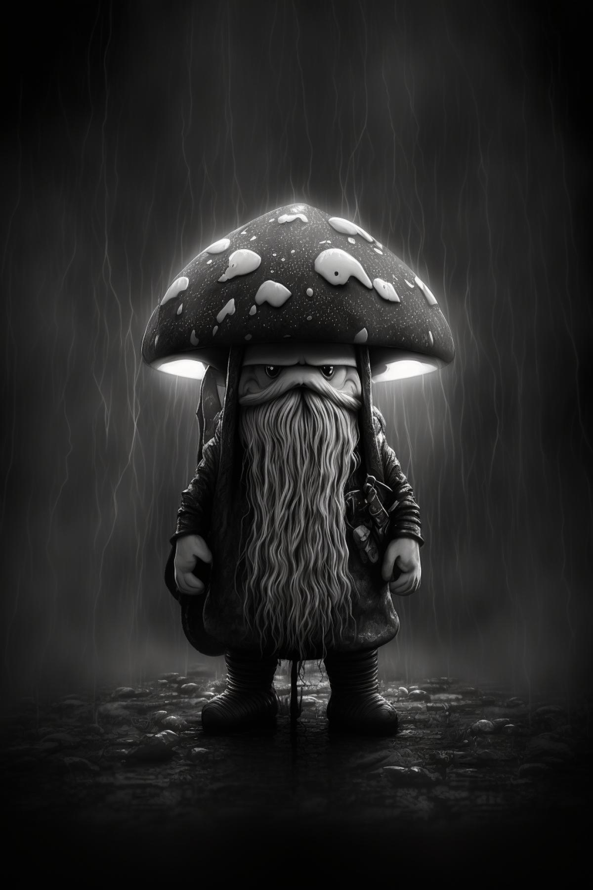 humanoid angry Mushroom boletus as a good wizard, dark and white, noir style
