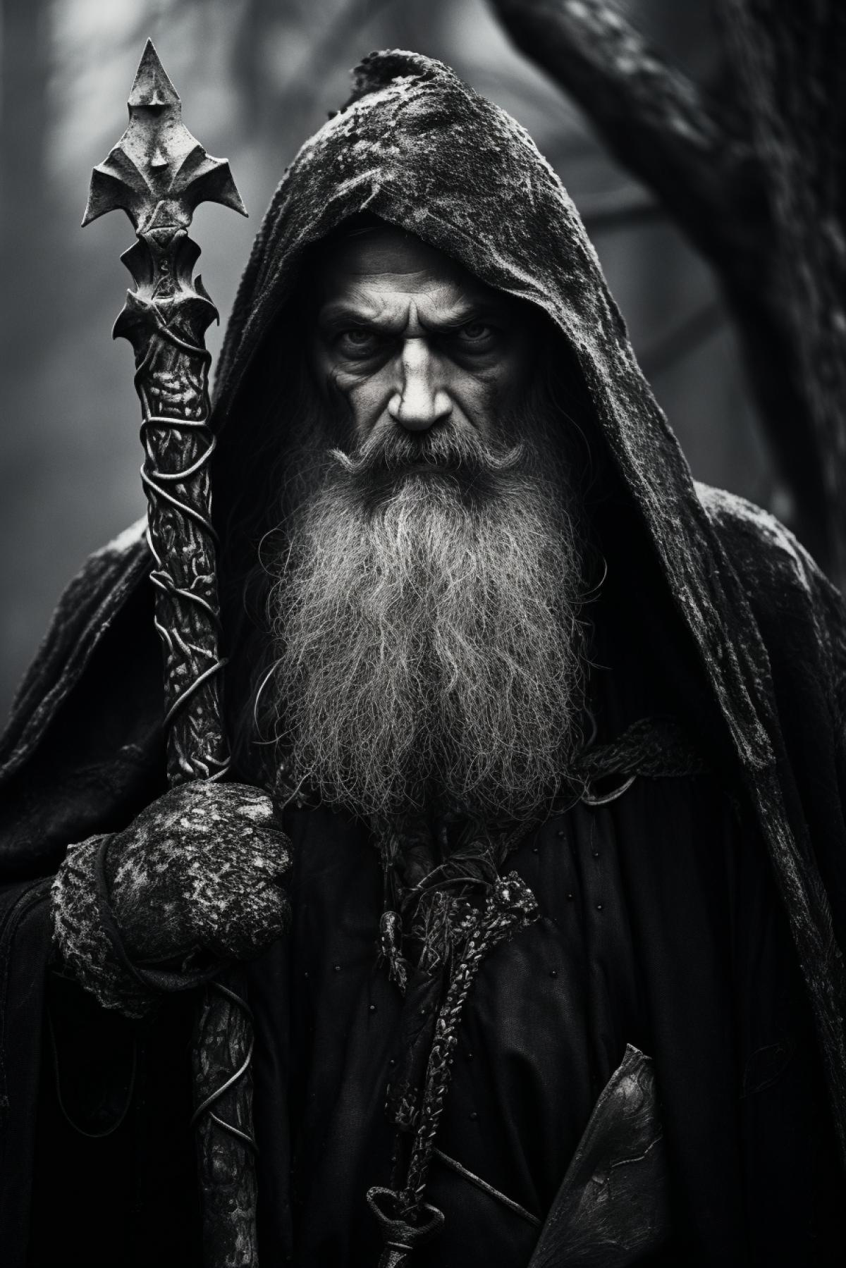 In a dark and white photograph, the image of a Slavic hero appears majestically before you. He is in full growth, ready to face any challenge. Determination and deep wisdom are mixed in his gaze, and his gait expresses steadfastness. The dark and white toning and contrast give the image the effect of a vintage photograph, enhancing its historical significance and fairy tale appeal.