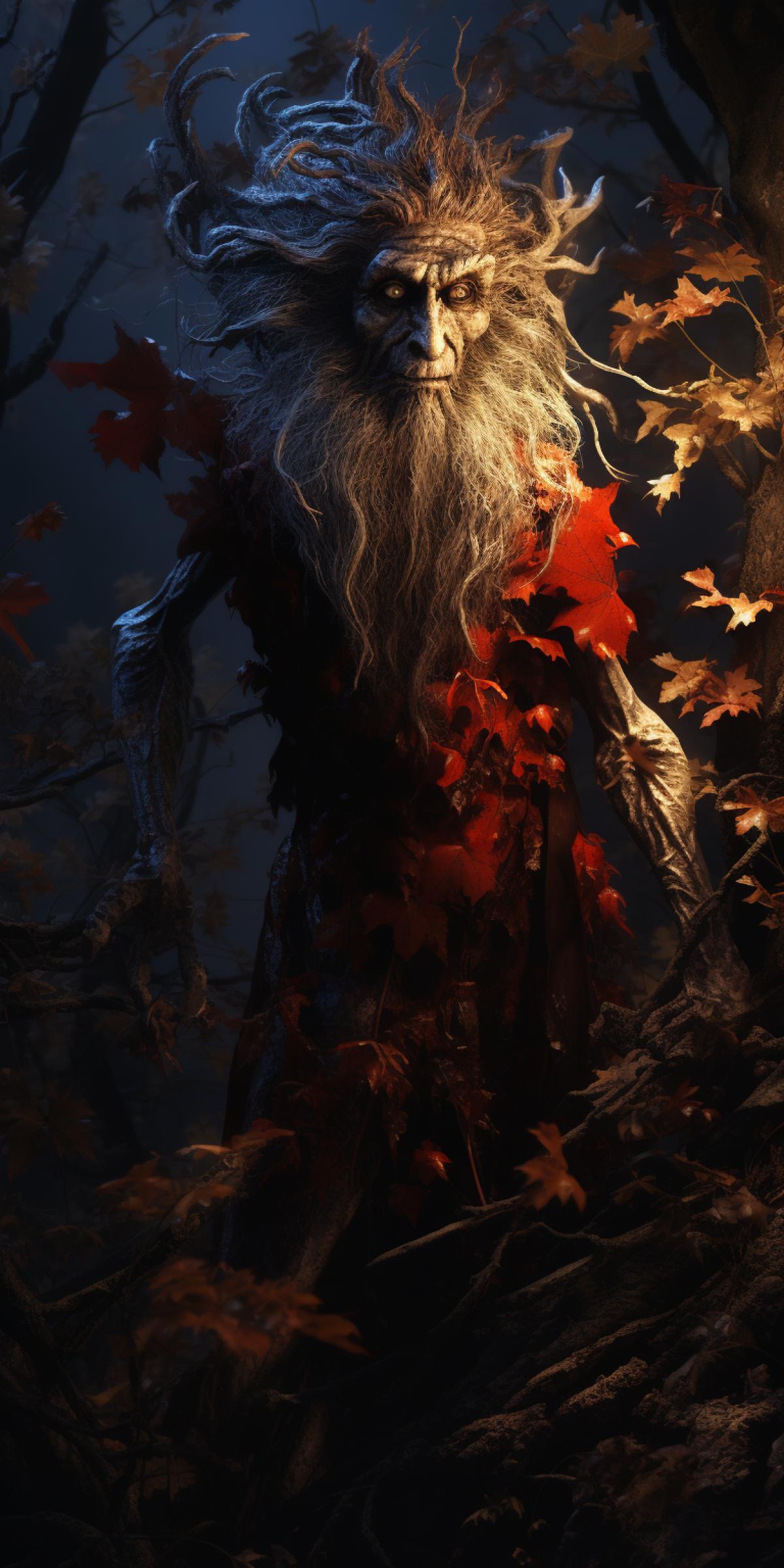 he mischievous Leshy, surrounded by swirling leaves, playing pranks on unsuspecting travelers at dawn, Playful, mischievous, wild, forest, unpredictable, noir style, Samuel Deats style, dark, red and white, rendering, 8k