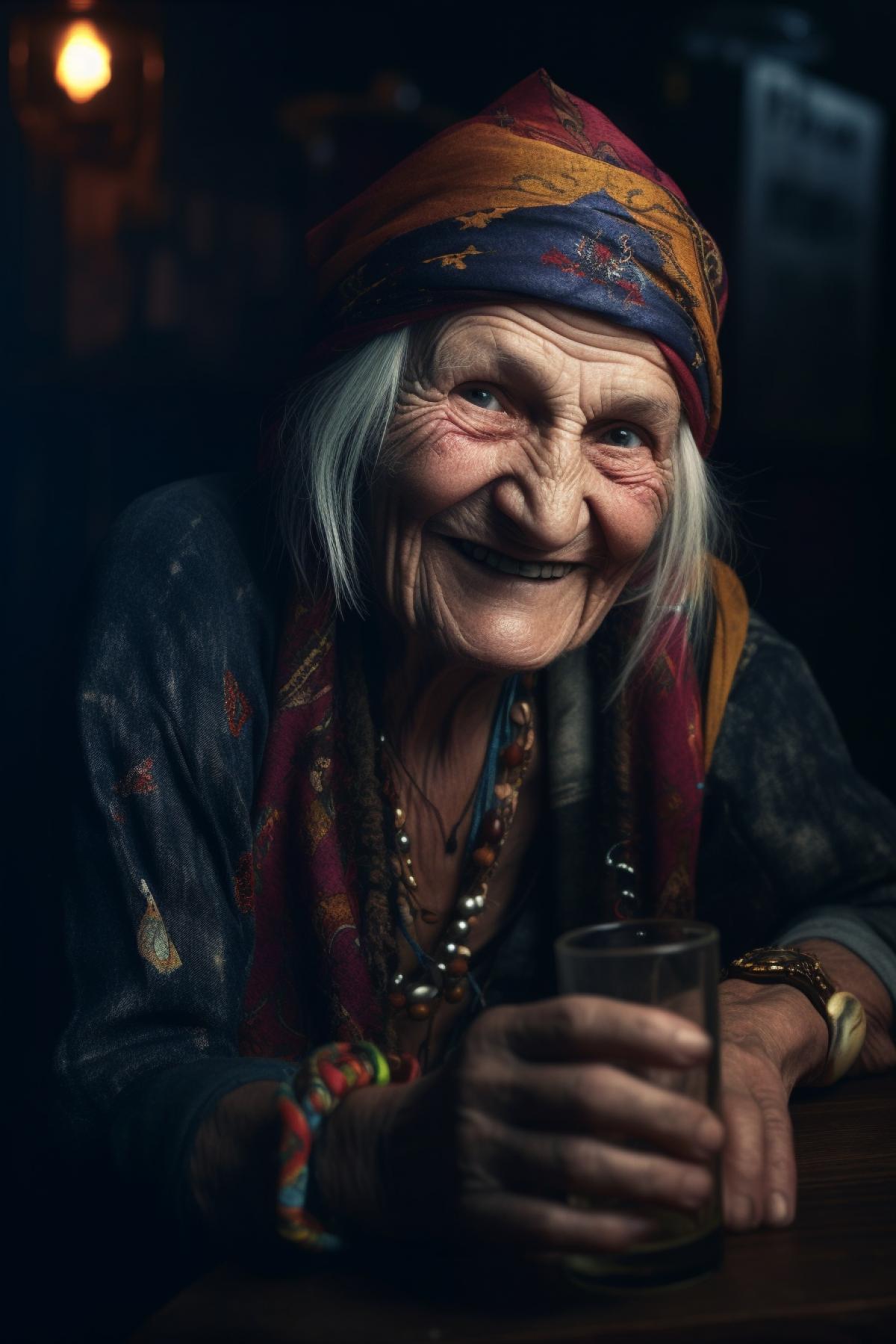Old Russian witch crooked nose wrinkles one tooth wearing dirty bandana laughing in the night club interior