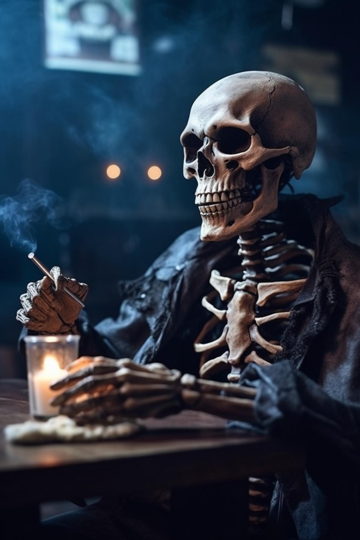 Handsome old skeleton drinking coffee smoking cigar in night club smoke dancing youth photo