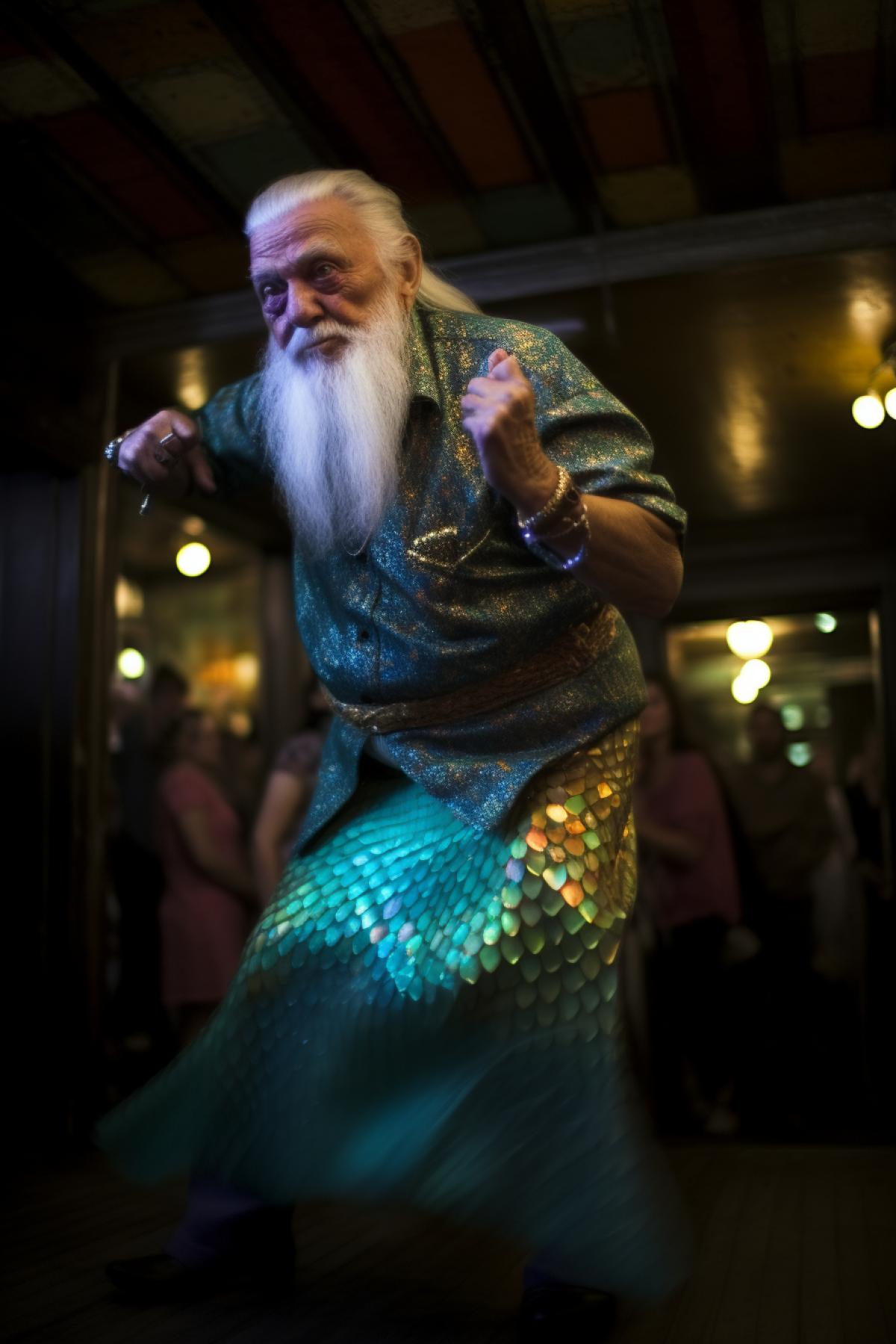 Old 100-year-old fat male mermaid fishtail full height dancing in the night club