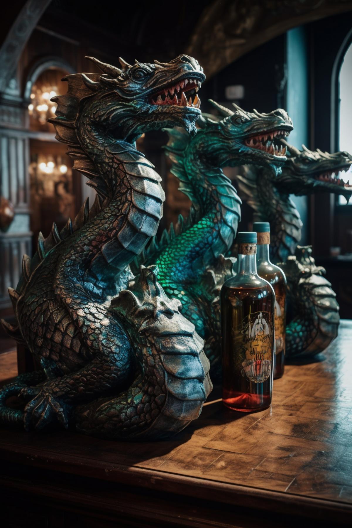 Giant three-headed drunken dragon Russian style with wings sleeping in the nightclub mess on the table empty bottles