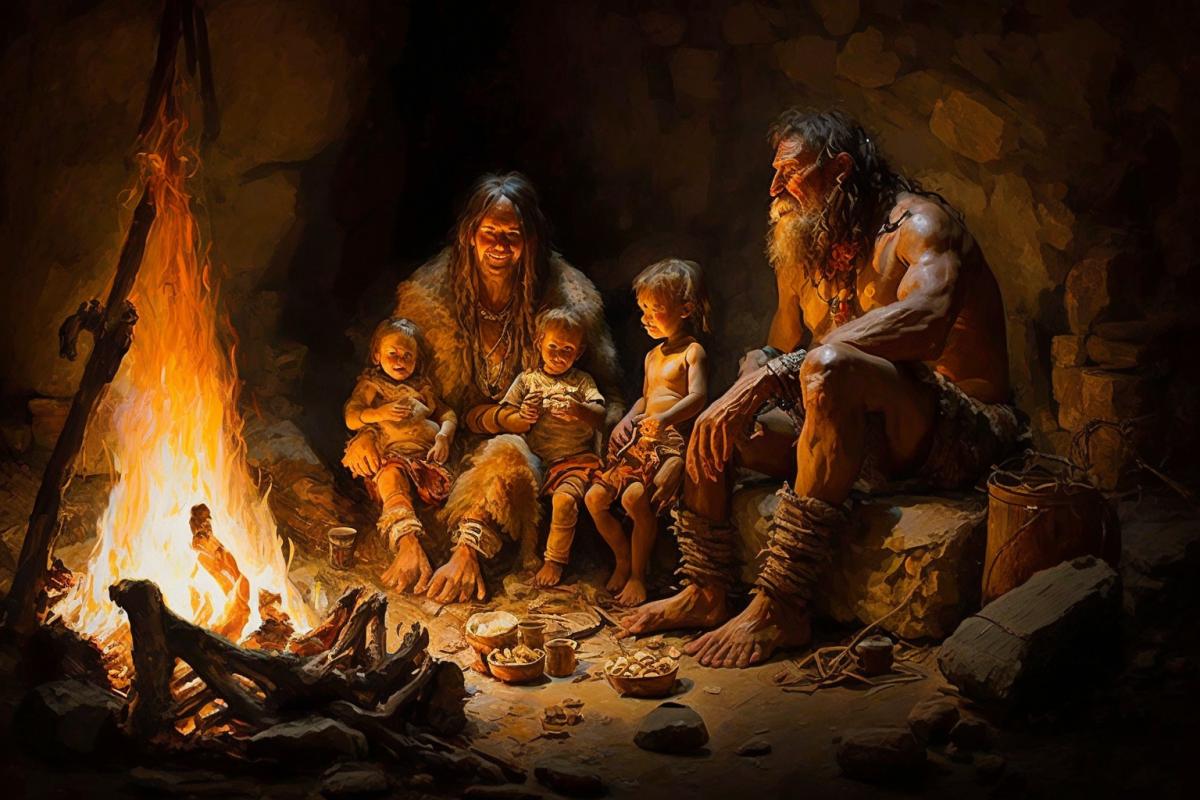 Neanderthal family spending time around a campfire