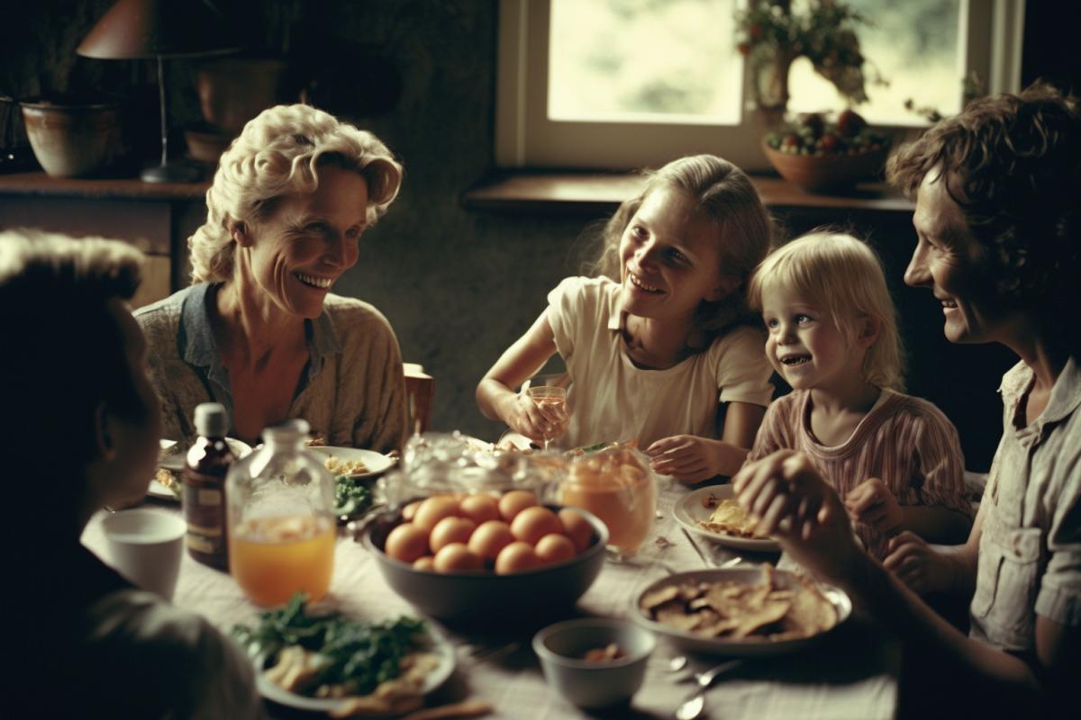 A joyful family gathering around a table for a festive meal, sharing laughter, love, and delicious food. Descriptive keywords: Happiness, togetherness, love, celebration, unity. Camera type: DSLR. Camera lens type: Standard lens. Time of day: Daytime. Style of photograph: Bright and colorful with a warm tone. Type of film: Family film.
