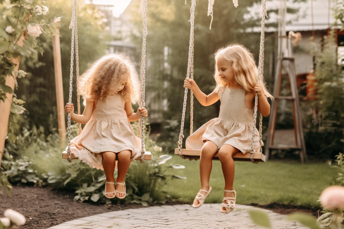 Children swing on a swing in the backyard, sunny day, atmosphere of family happiness