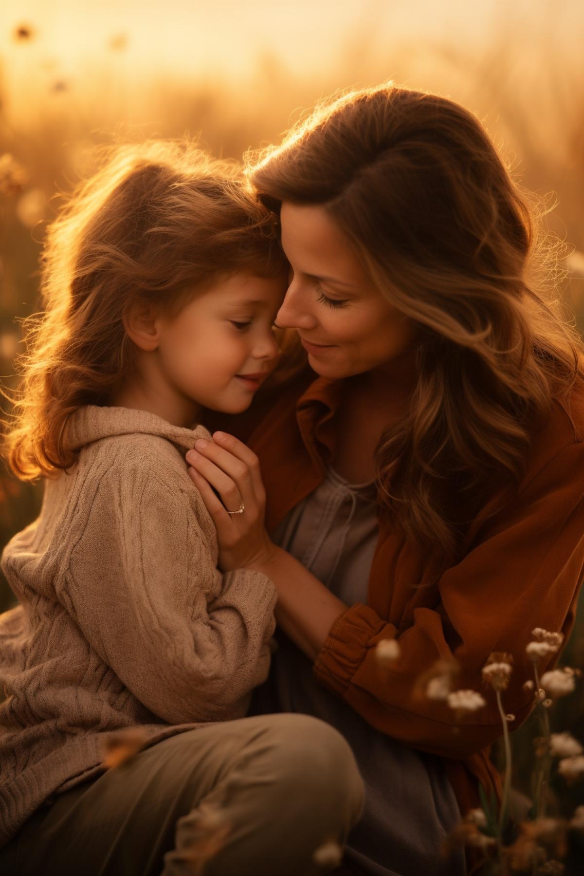A tender moment between a parent and a child, capturing their bond and unconditional love. Descriptive keywords: Affection, care, tenderness, nurturing, connection. Camera type: Mirrorless camera. Camera lens type: Portrait lens. Time of day: Golden hour. Style of photograph: Soft and dreamy with a shallow depth of field. Type of film: Emotional film.