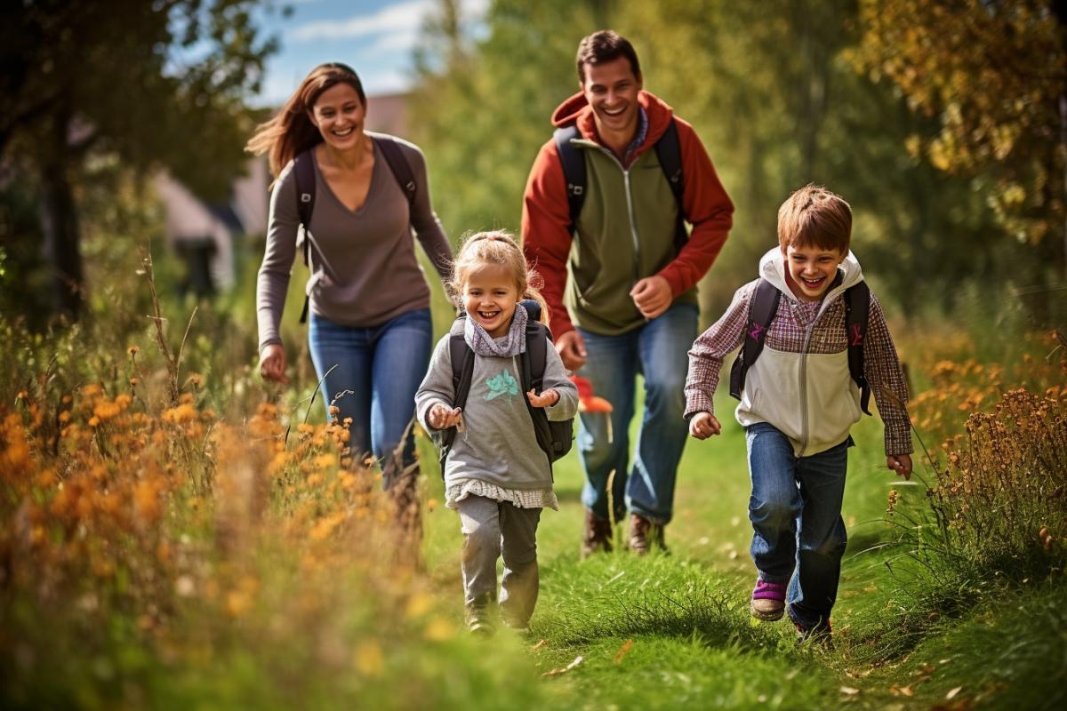 A family engaged in a fun outdoor activity, such as hiking or playing in a park, showcasing the spirit of adventure and creating lasting memories. Descriptive keywords: Joy, exploration, playfulness, adventure, growth. Camera type: DSLR. Camera lens type: Wide-angle lens. Time of day: Daytime. Style of photograph: Vibrant colors with a dynamic com4k. Type of film: Adventure film.