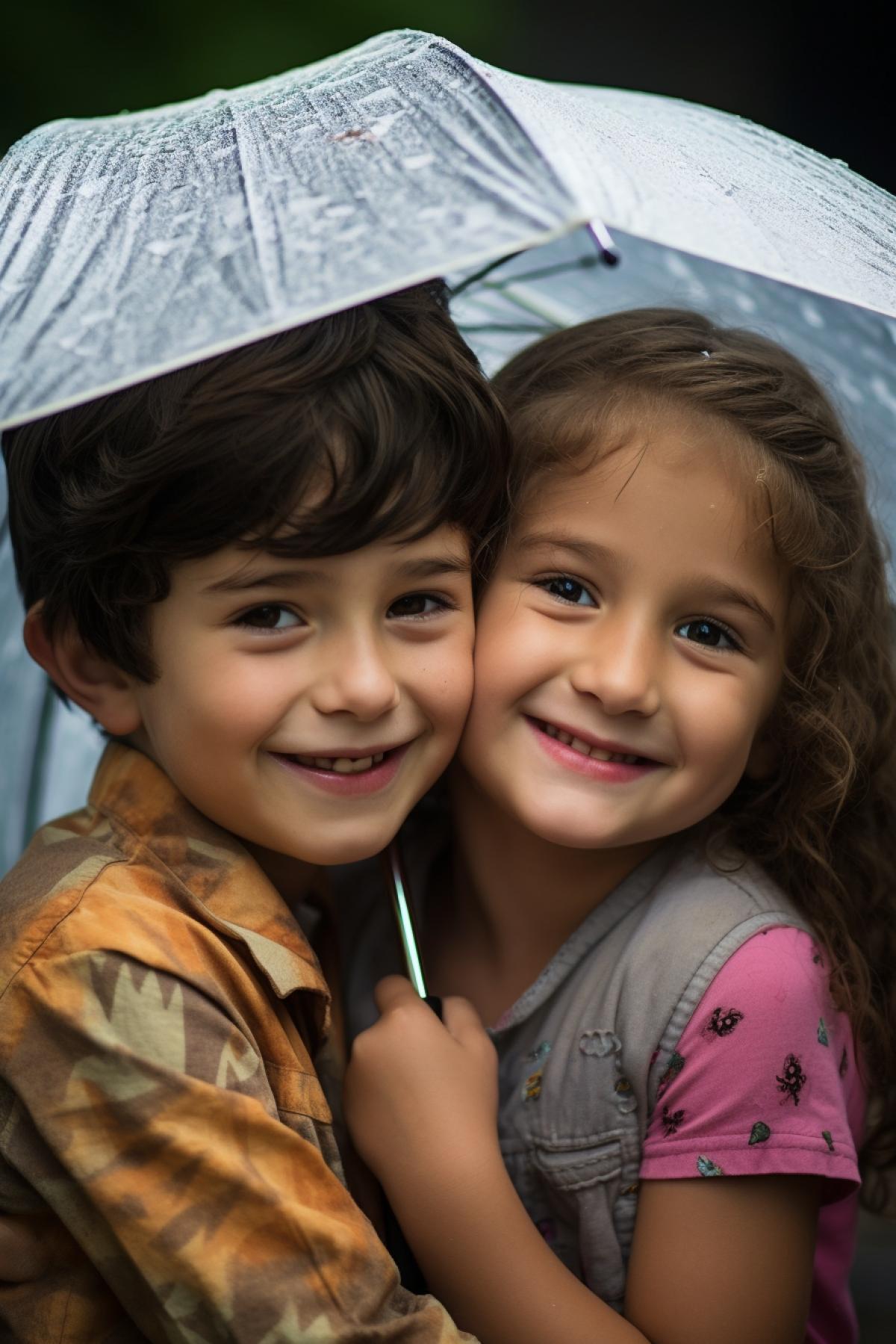 An older brother, with love and care, shelters his younger sister under an umbrella during a summer rain bathroom. Descriptive keywords: Caring, protective, sibling bond, nurturing, safety. Camera type: Mirrorless camera. Camera lens type: Portrait lens. Time of day: Noon. Style of photograph: Soft and pastel tones with a focus on light colors. Type of film: Family film.