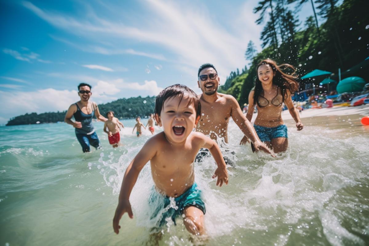 A family day at the beach where all family members enjoy playing, swimming and sunluxury. Description: Fun, beach, sun, family time, serenity. Camera type: Mirrorless camera. Lens type: Wide angle lens. Time of day: Day. Photo style: Vibrant colors with an emphasis on the joy and dynamics of the moment.