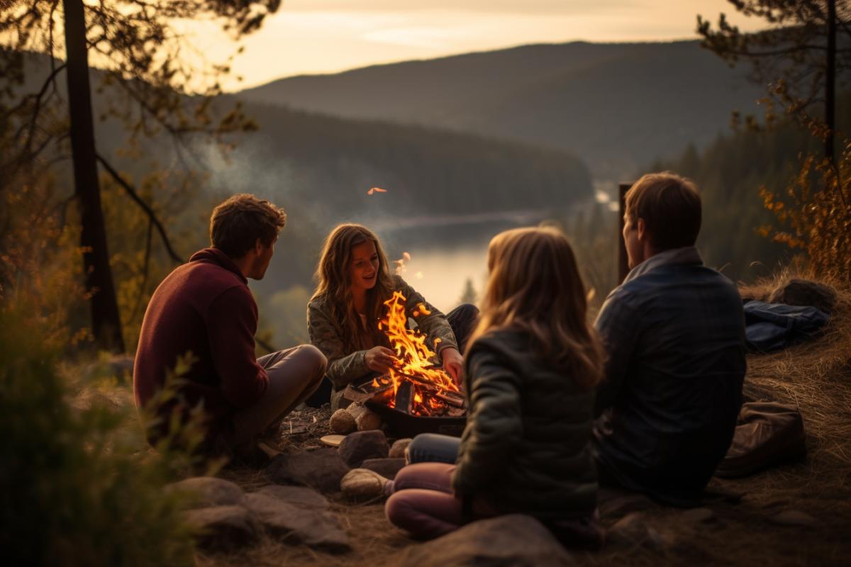 Family picnic in nature, where everyone gathered around the fire to share stories and joy together.