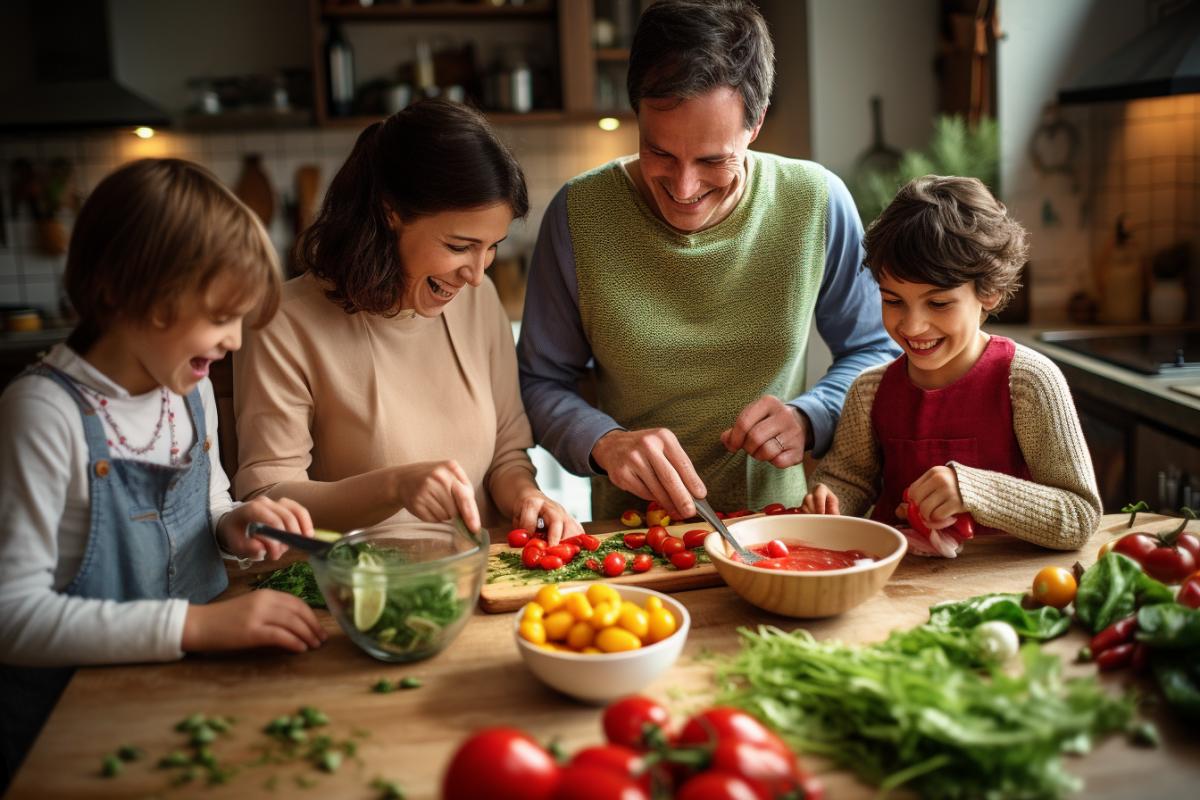 A family kitchen where every member of the family participates in cooking and creating a special family recipe. Description: Cooking, cooperation, traditions, taste, family happiness. Camera type: DSLR. Lens type: Standard lens. Time of day: Day. Photo style: Bright and saturated colors with an emphasis on the details of the food.