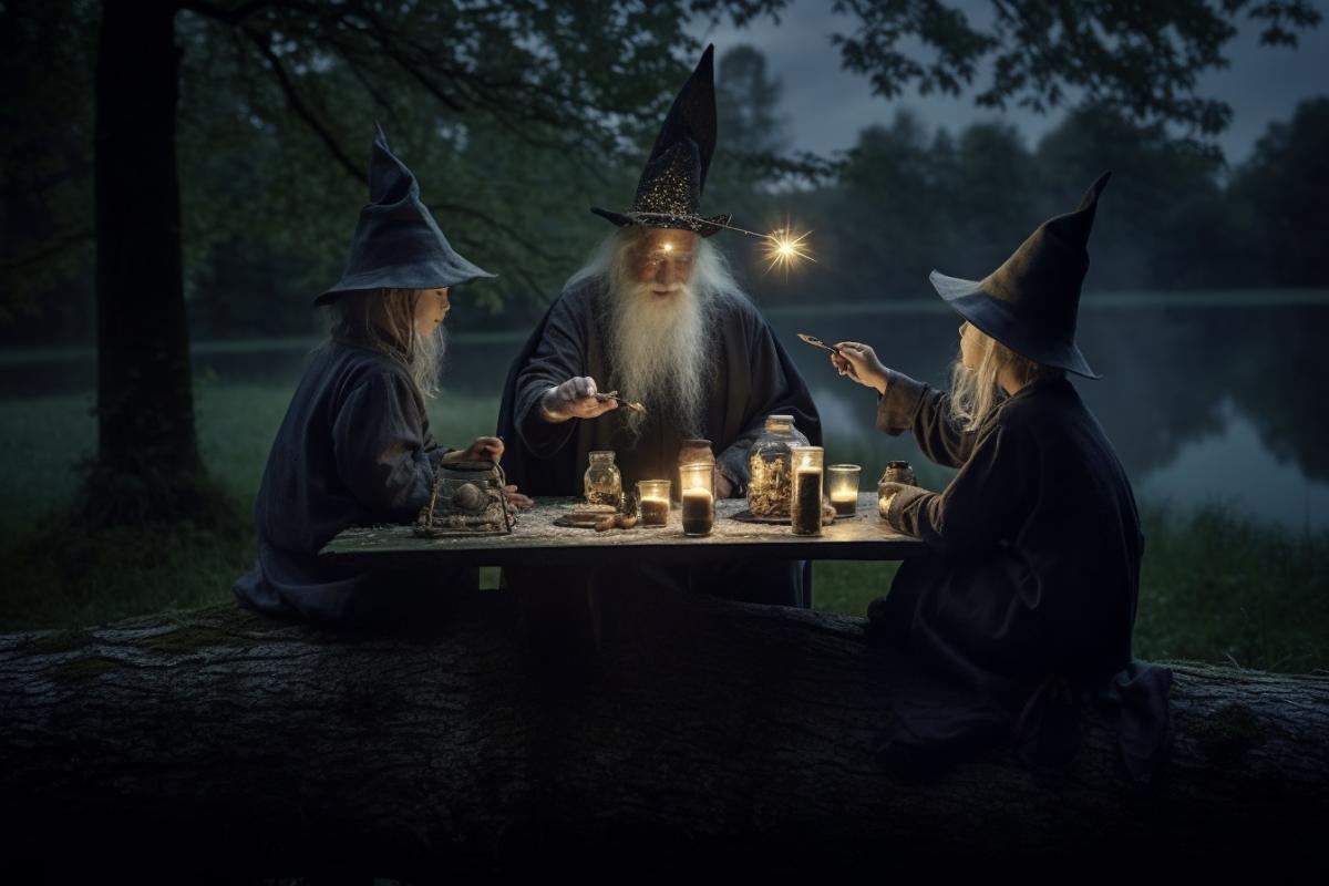 Happy family of sorcerers conjuring at a picnic