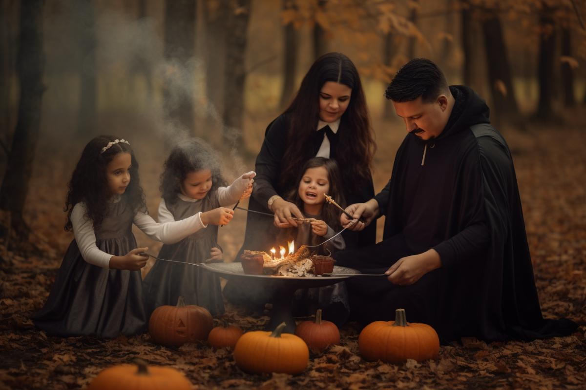 Happy family of sorcerers conjuring at a picnic
