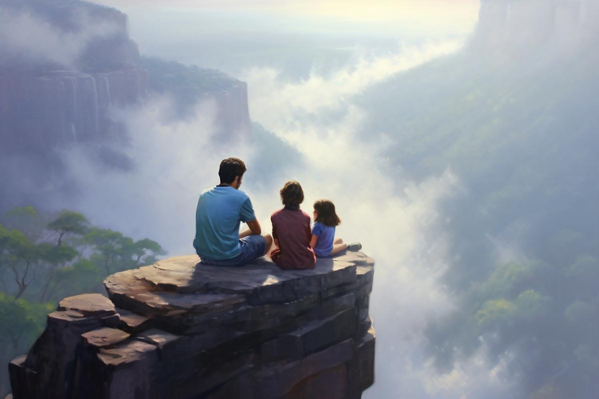 A happy family yells at the edge of a cliff, endless expanses.