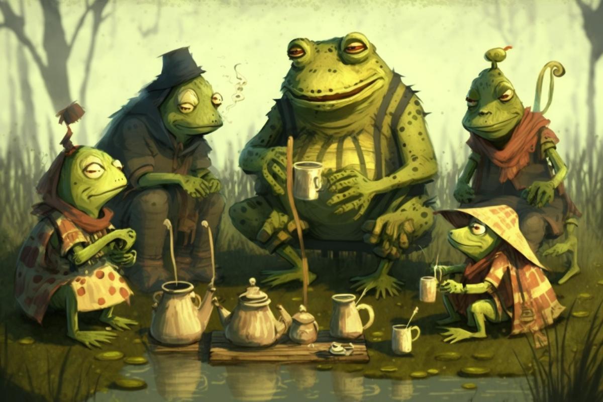 Family of frogs drinking tea in the swamp