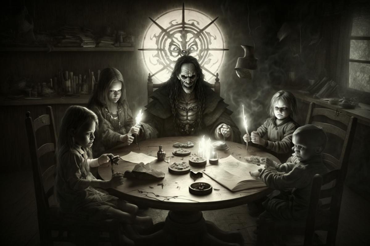 Happy family of occultists summon the devil