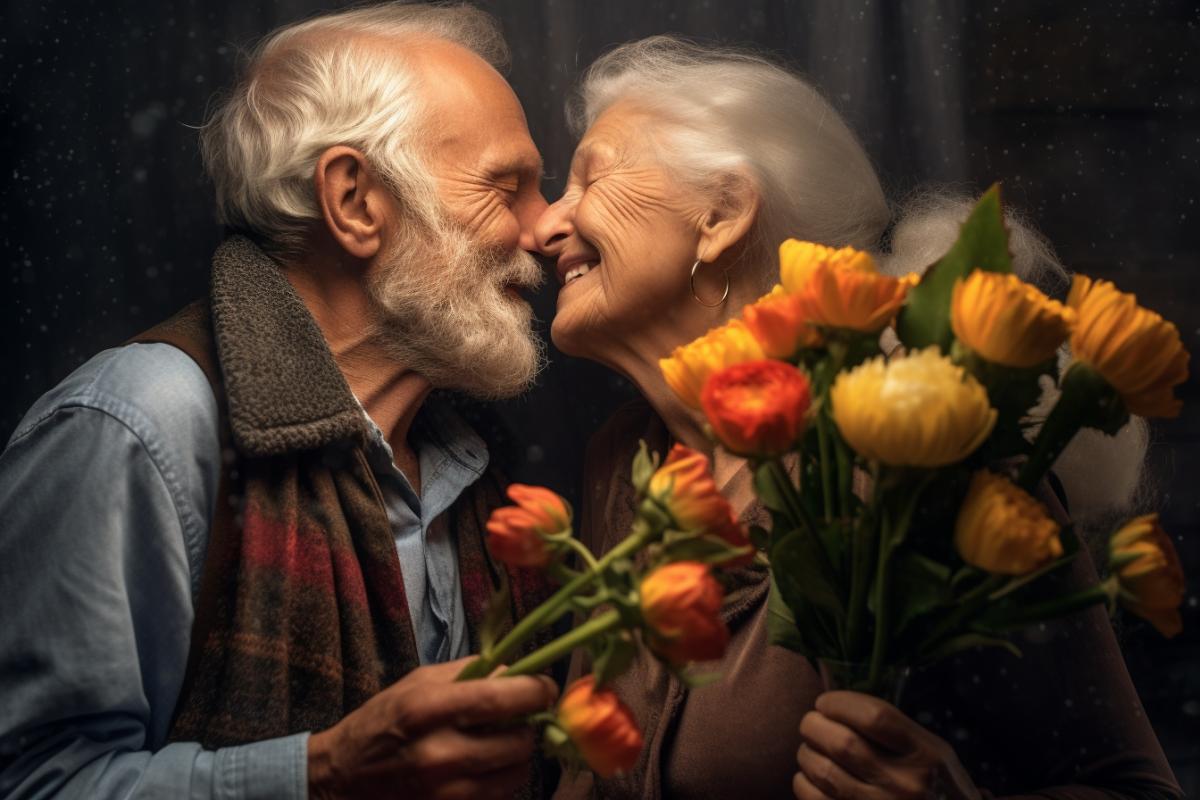 Grandma and grandpa on a date, romantic adorable photo. Grandpa gives a bouquet of flowers.