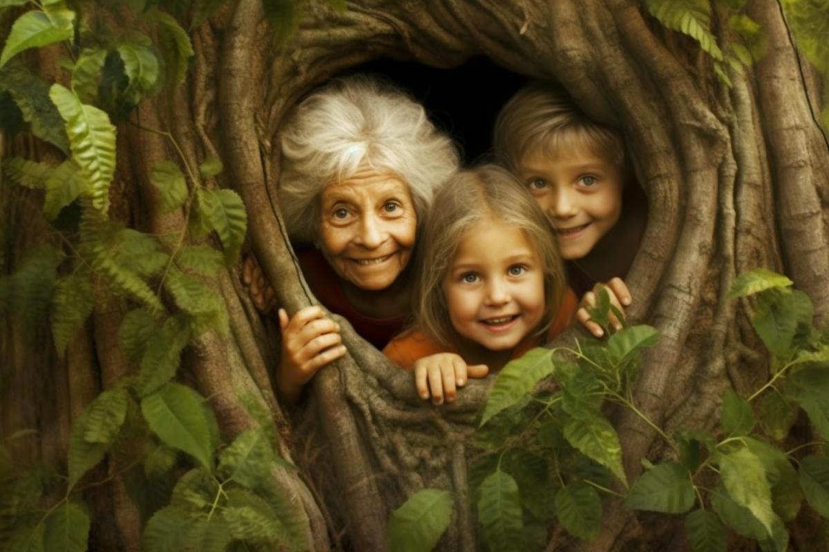 Granny has fun with her grandchildren, plays hide and seek
