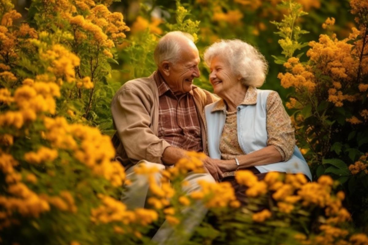 Grandma and grandpa on a date, romantic adorable photo. Grandpa gives a bouquet of flowers.