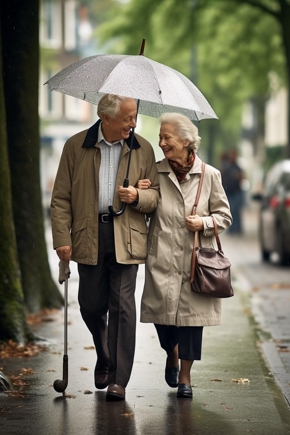 An elderly couple, in full growth, walks down the street in the rain. A man gently holds an umbrella over his companion, expressing touching and sentimental concern. Description: Caring, devotion, love, aging together, family values. Camera type: DSLR. Lens type: Standard lens. Time of day: Rainy day. Photo style: Soft and muted tones with an emphasis on the emotional moment.