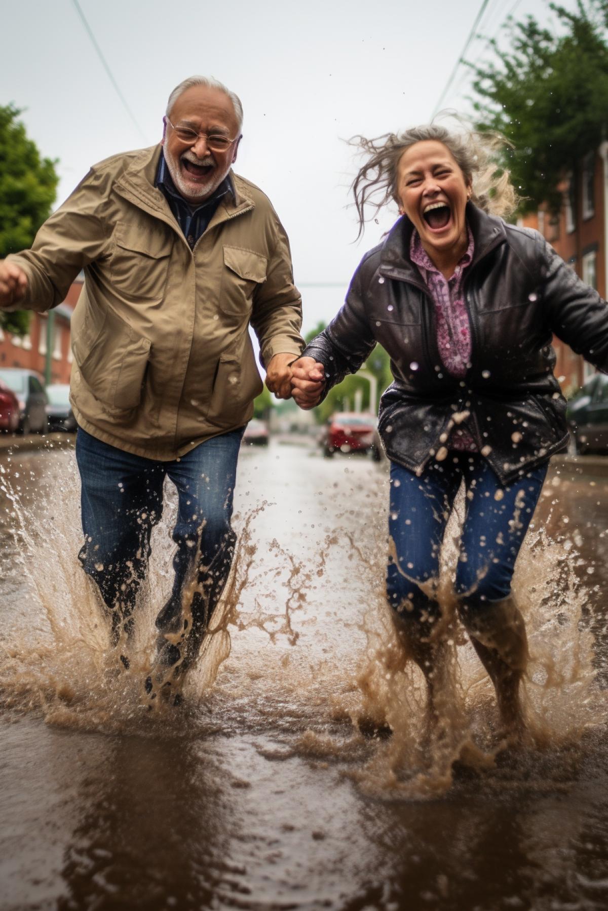An elderly couple, holding hands, joyfully jumps over puddles, completely immersed in the moment and forgetting about their age, like children. Description: Joy, youth of the soul, playfulness, independence from age, family joys. Camera type: Mirrorless camera. Lens type: Wide angle lens. Time of day: Rainy day. Photo Style: Bright and saturated colors, capturing the energy and joy of the moment.