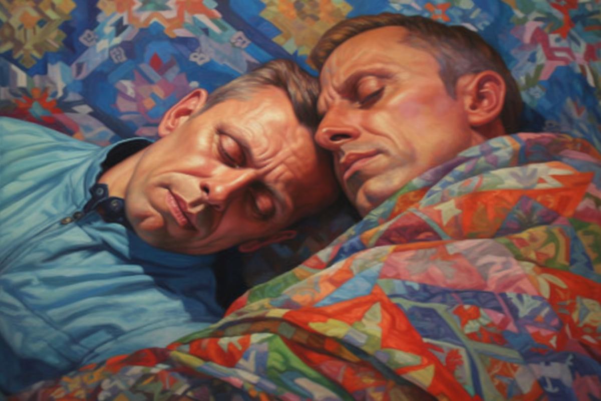 Two men sweetly languidly hugging in bed, LGBT representatives, rainbow colors