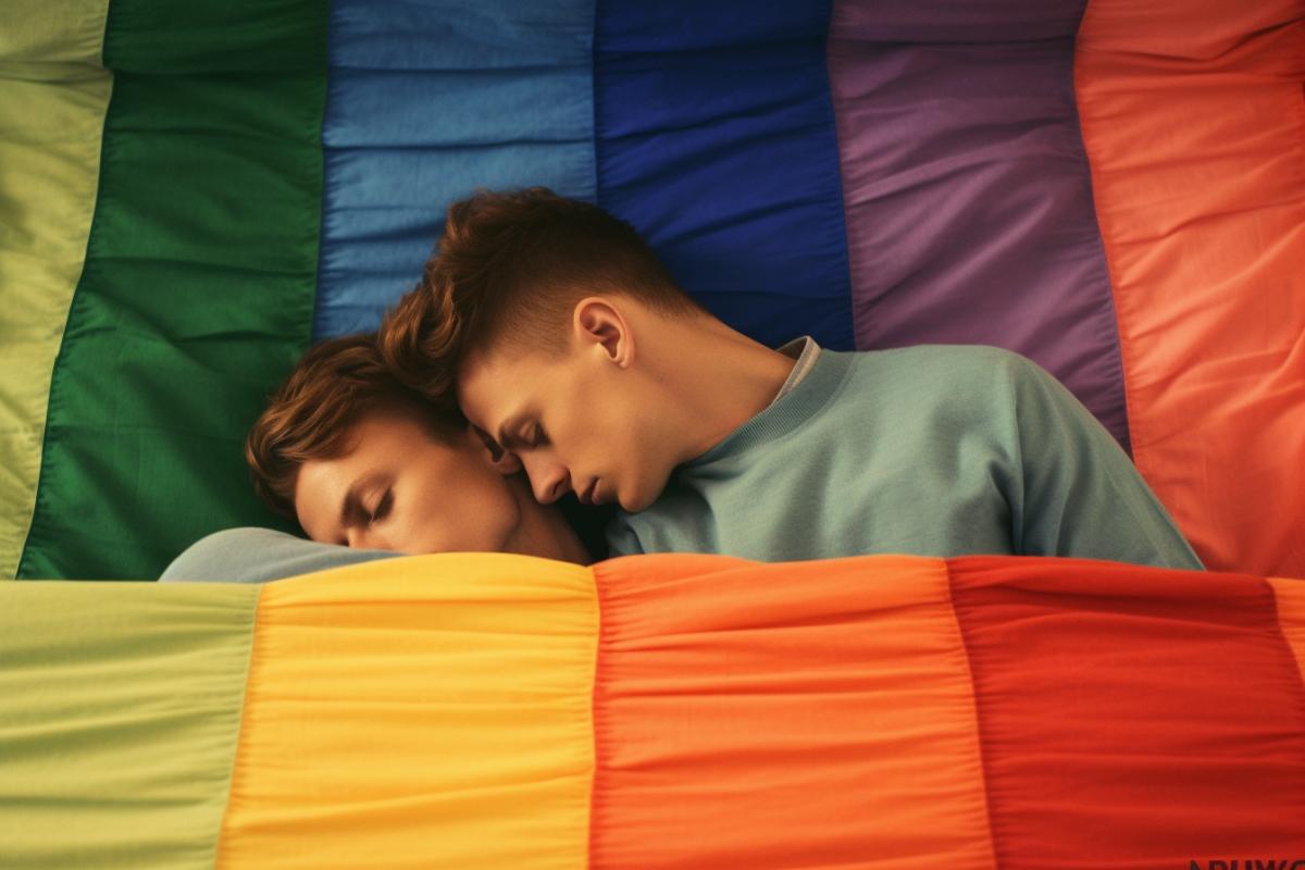 Two men lie hugging in bed, LGBT representatives, rainbow colors