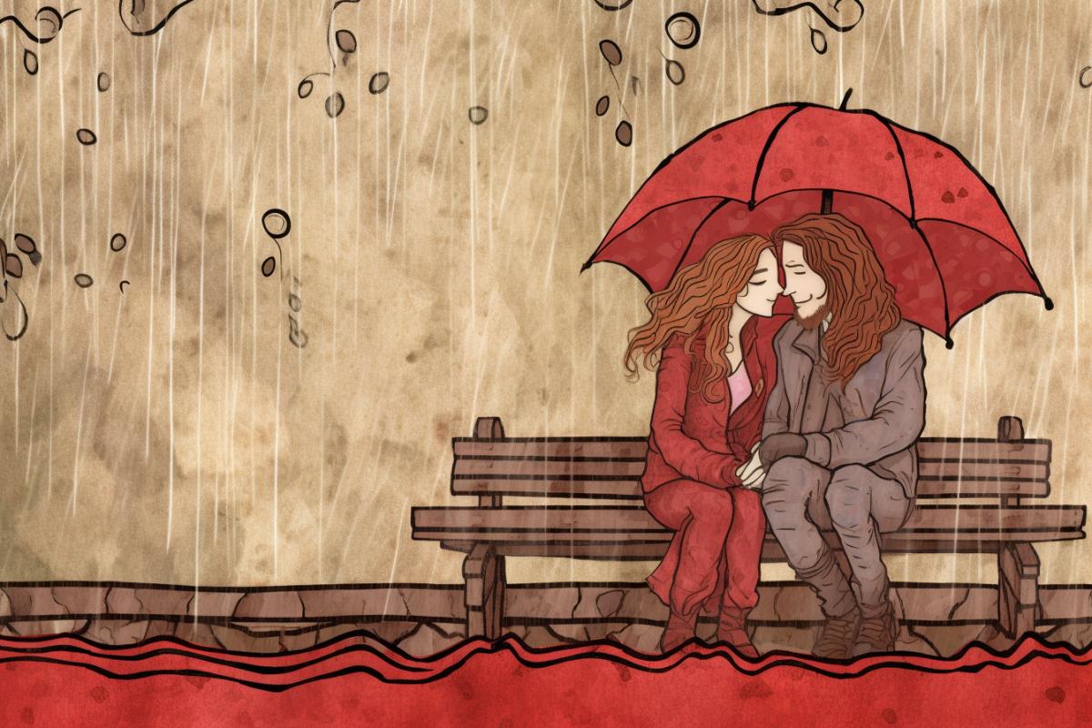 Couple in love on a bench in the rain, romance