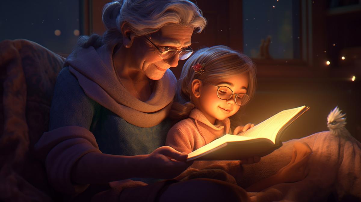 grandmother reads a book to her granddaughter, night light is on, room, CG art speed paint