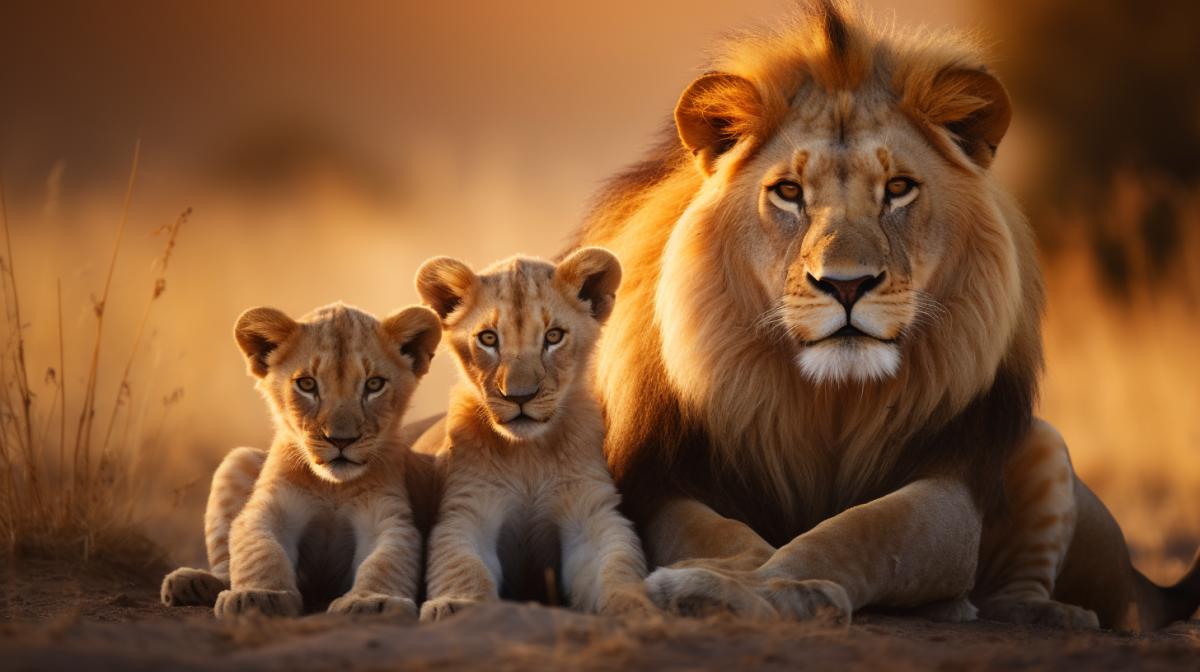 Lion family, group photo on the background of the savannah, happiness