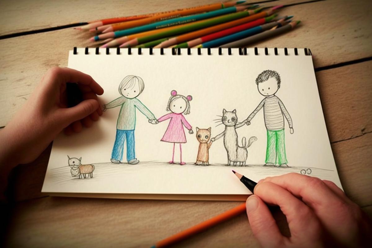 Childrens drawing with colored pencils, a family, three stickmans hold each others hands, a cat sits nearby
