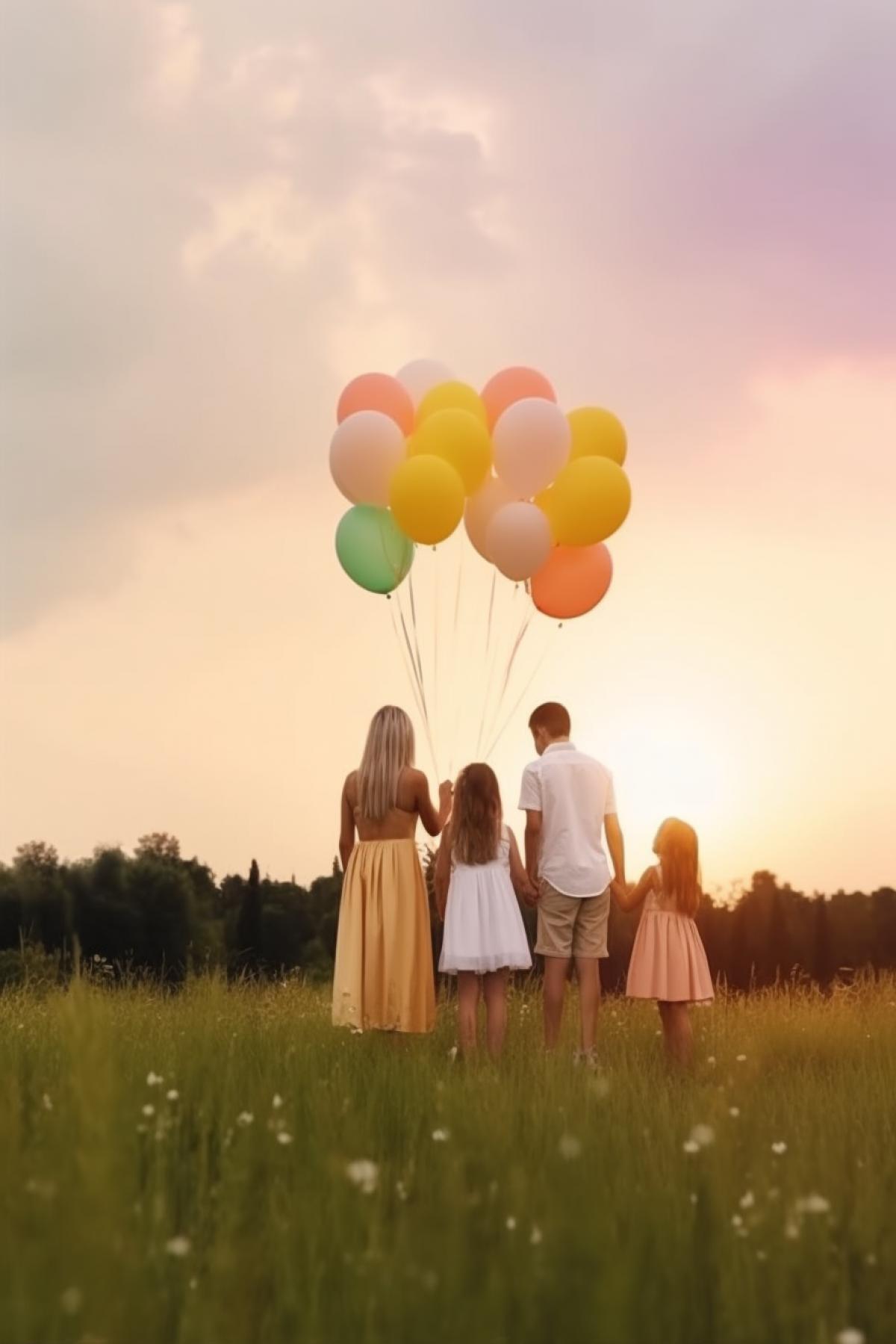 A family of a girl, a boy and two children. Positive emotions. Respect, love, joy and carelessness. Against the background of balls in the clouds