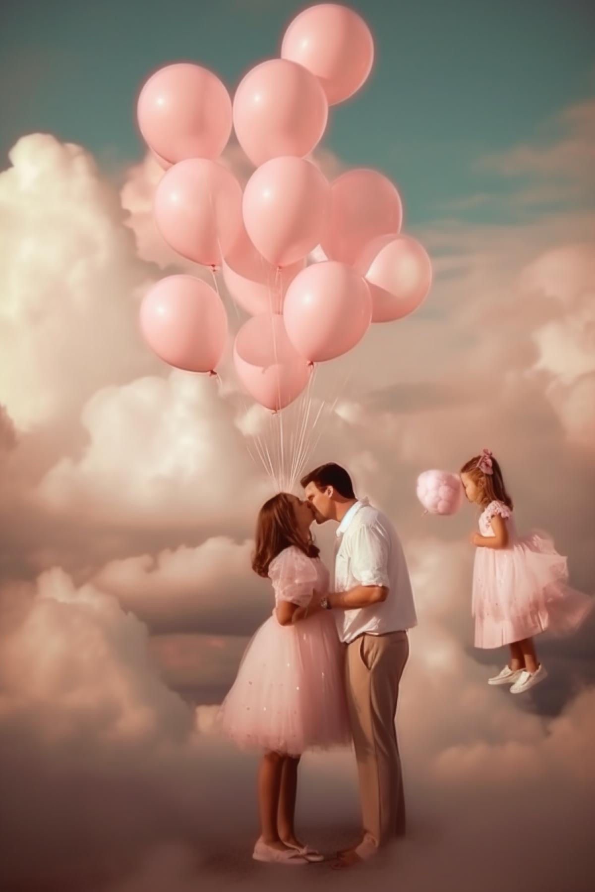 A family of a girl, a boy and two children. Positive emotions. Respect, love, joy and carelessness. Against the background of balls in the clouds