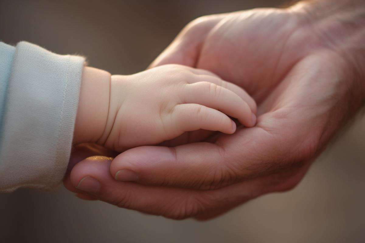 A close-up shot of an adult hand cradling a small and delicate hand of a newborn baby, Fragility, innocence, love, connection, new beginnings, DSLR, Macro lens, Soft morning light, Soft and dreamy with a focus on capturing the delicate details, Heartwarming film.
