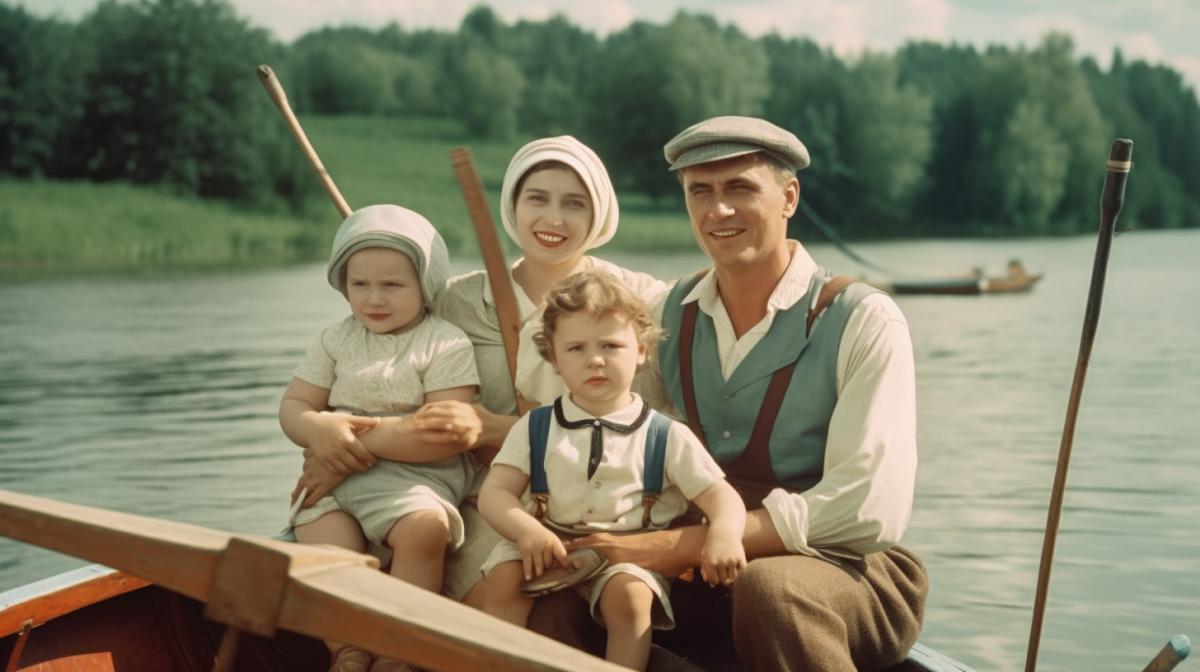 Family a handsome man a beautiful woman with children on board a boat with oars and vines, sailing in the distance, on board a ship, symmetrical, in the style of Soviet photos, high resolution, w 1280 h 768