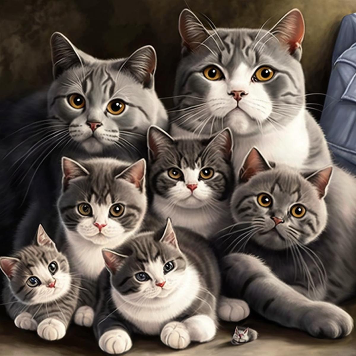 Happy cat family, mother cat and father cat surrounded by kittens
