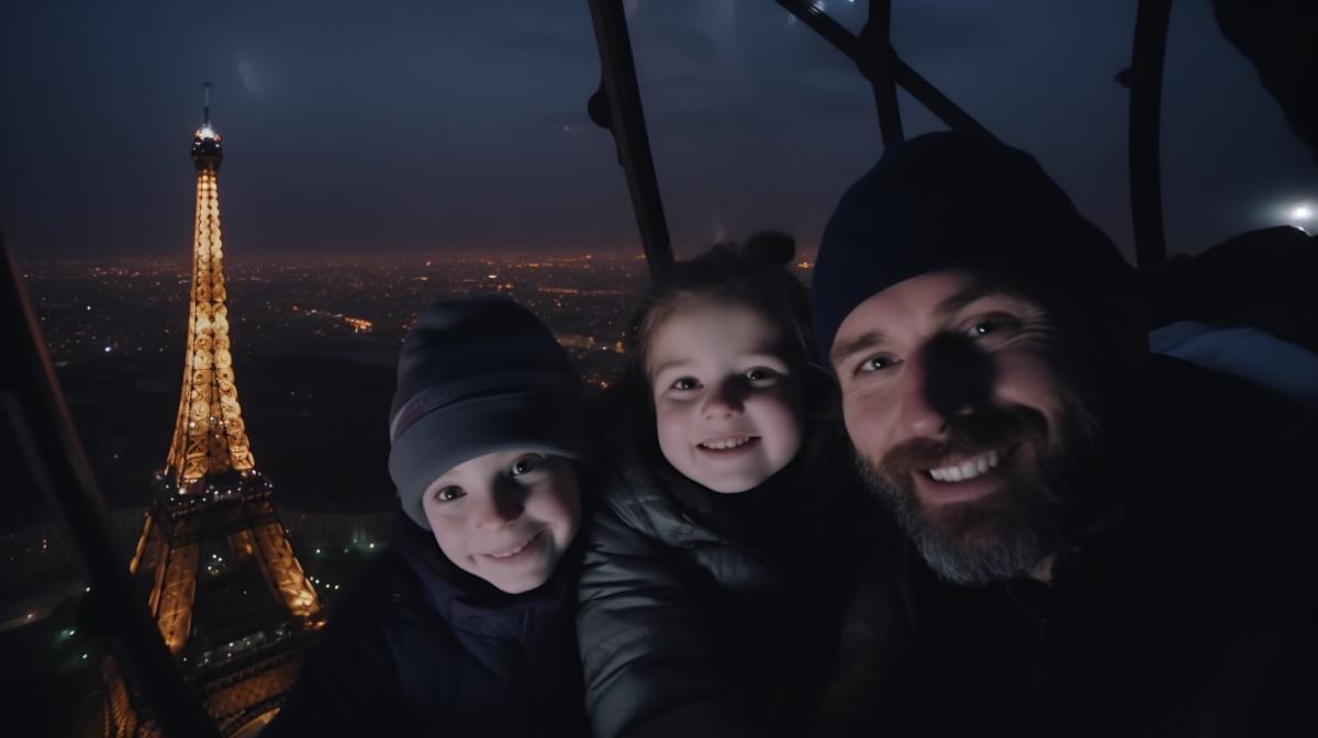 Family selfie on the Eiffel Tower beautiful Paris at night big panorama, 4k, realism, photorealism, cinematography, w 400