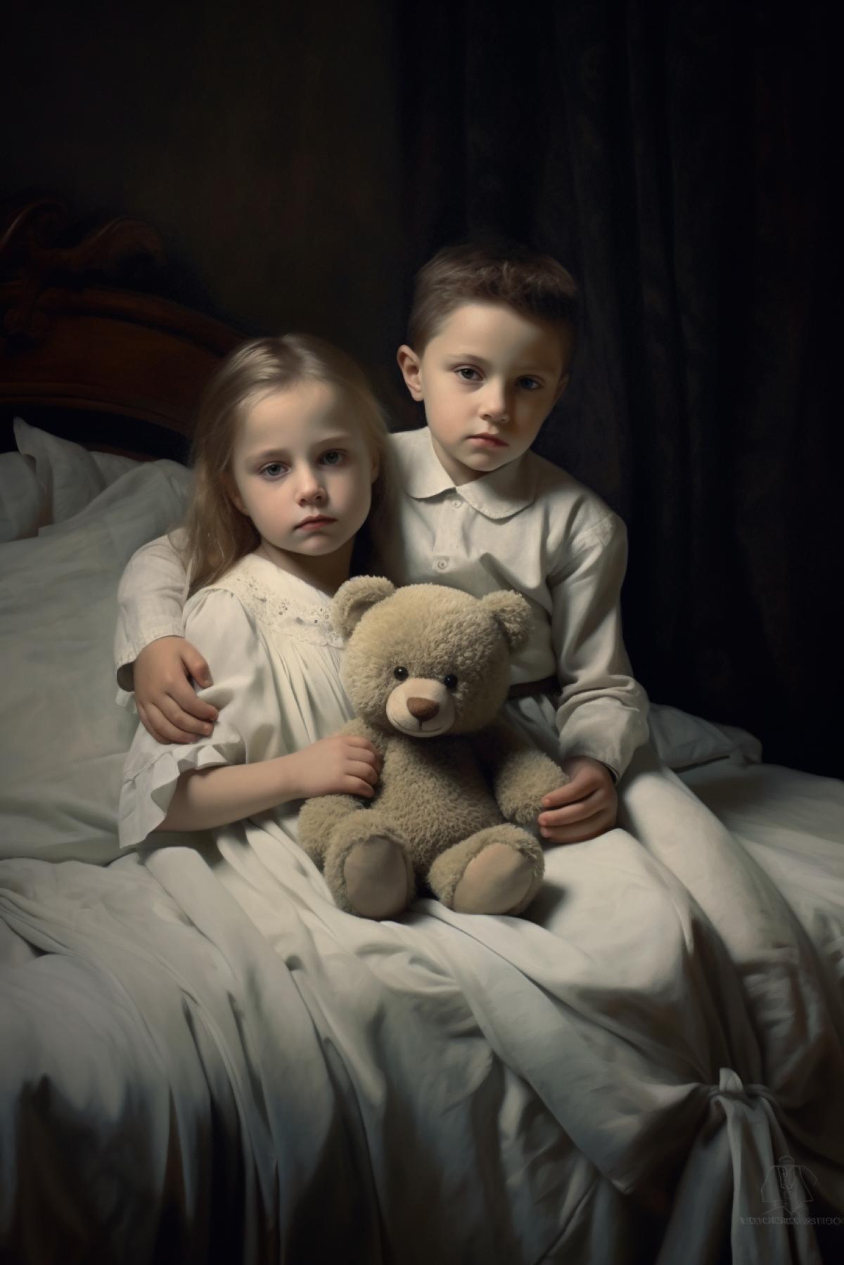 A little girl sits on the bed and holds a bear in her hands, and next to her is her brother.